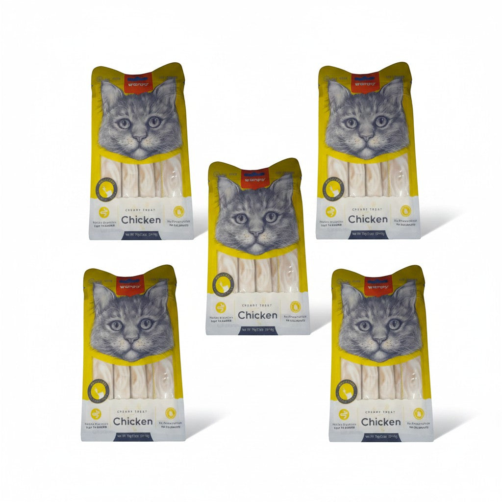 PetFriend Wanby creamy chicken cat treats in a five-pack bundle featuring cat illustrations on yellow packaging