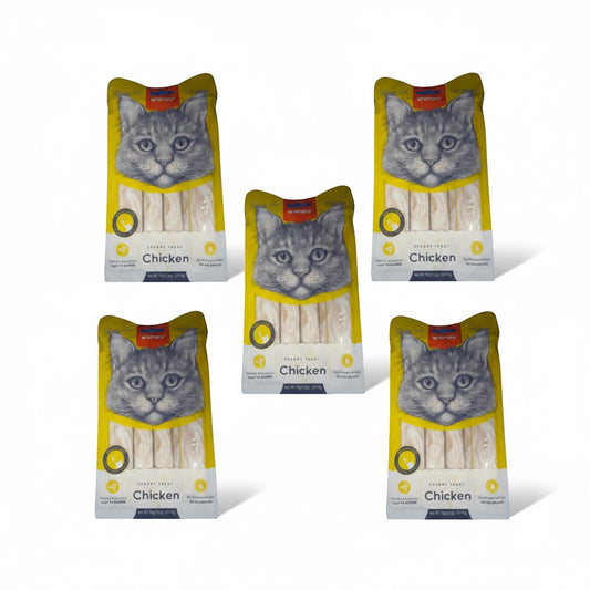 PetFriend Wanby creamy chicken cat treats in a five-pack bundle featuring cat illustrations on yellow packaging