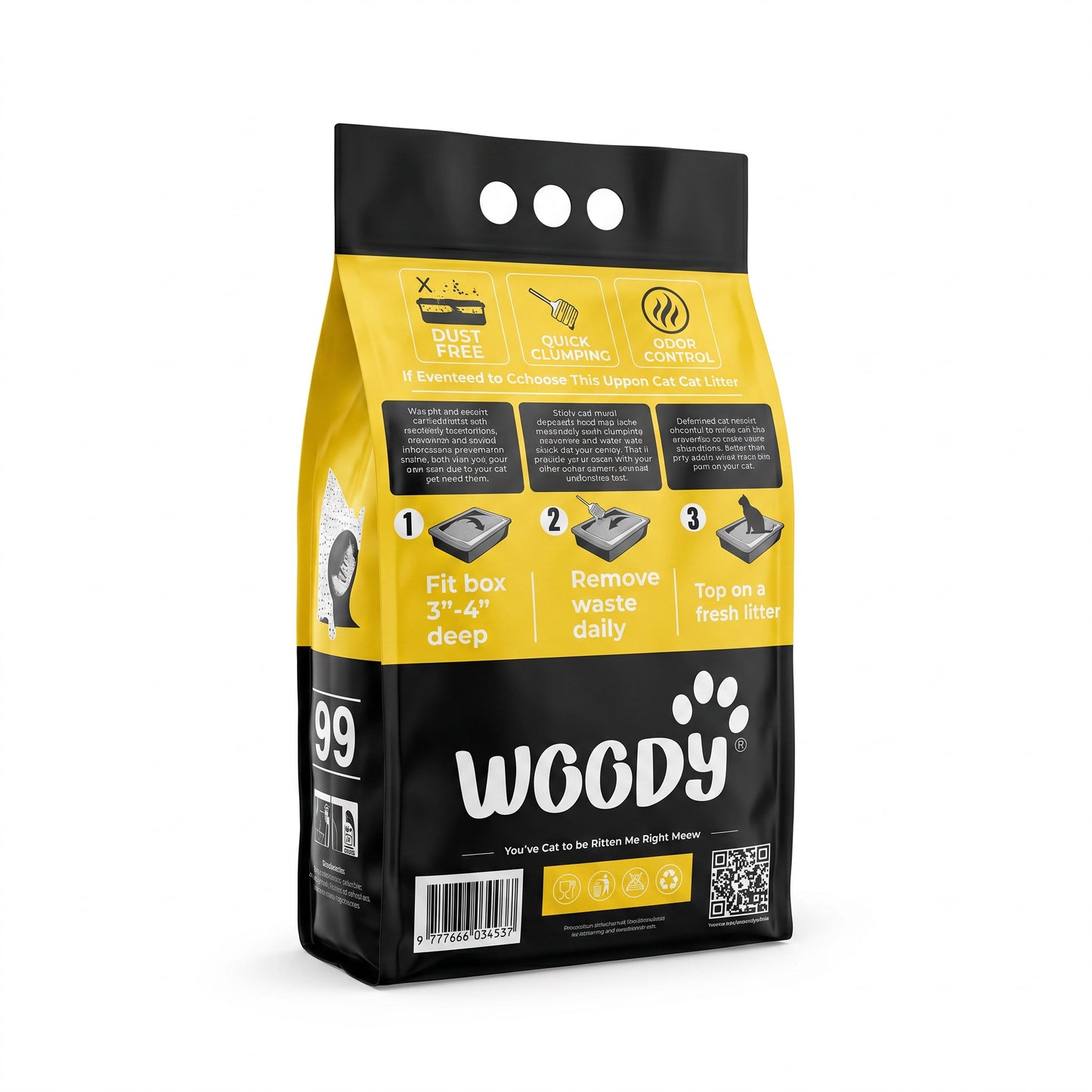 PetFriend WOODY lemon scented clumping cat litter in a 5L black and yellow bag with instructions.