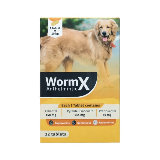 PetFriend WormX de-worming tablet box featuring a golden retriever and active ingredient details for parasite control.