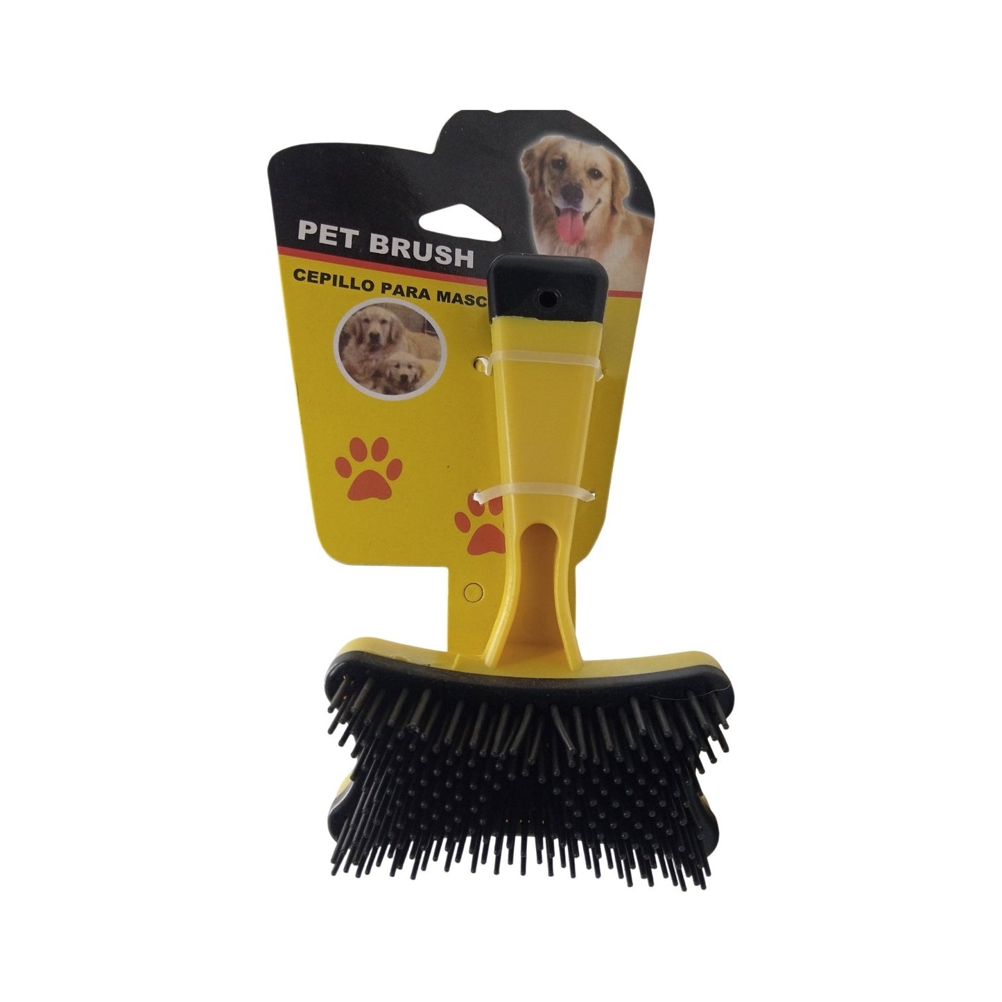 PetFriend yellow and black plastic pet hair removal brush with a self-cleaning button on retail packaging