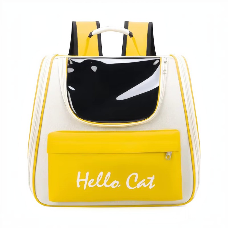 PetFriend Hello Cat transparent pet backpack in yellow and white with a black viewing window for cats and small dogs