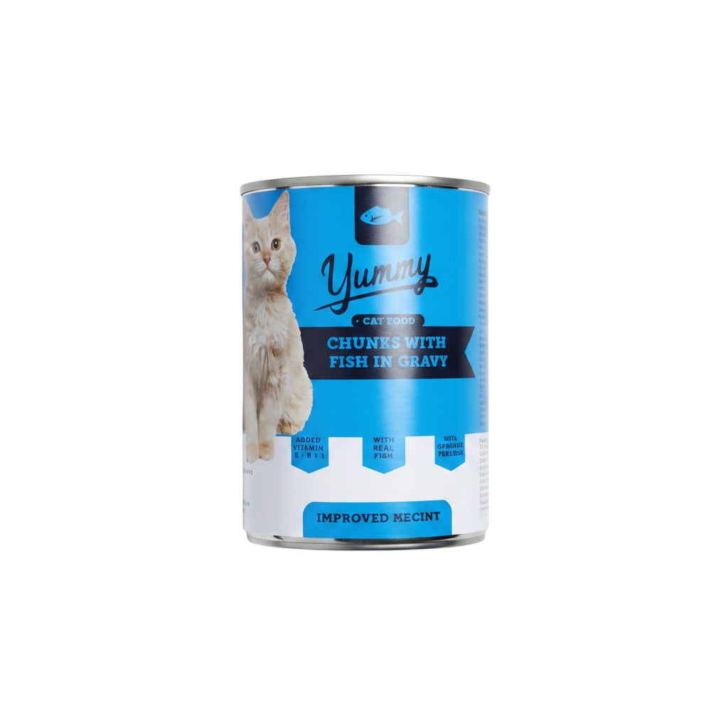 PetFriend Yummy cat wet food can with fish chunks in gravy, 400g tin featuring a cat illustration